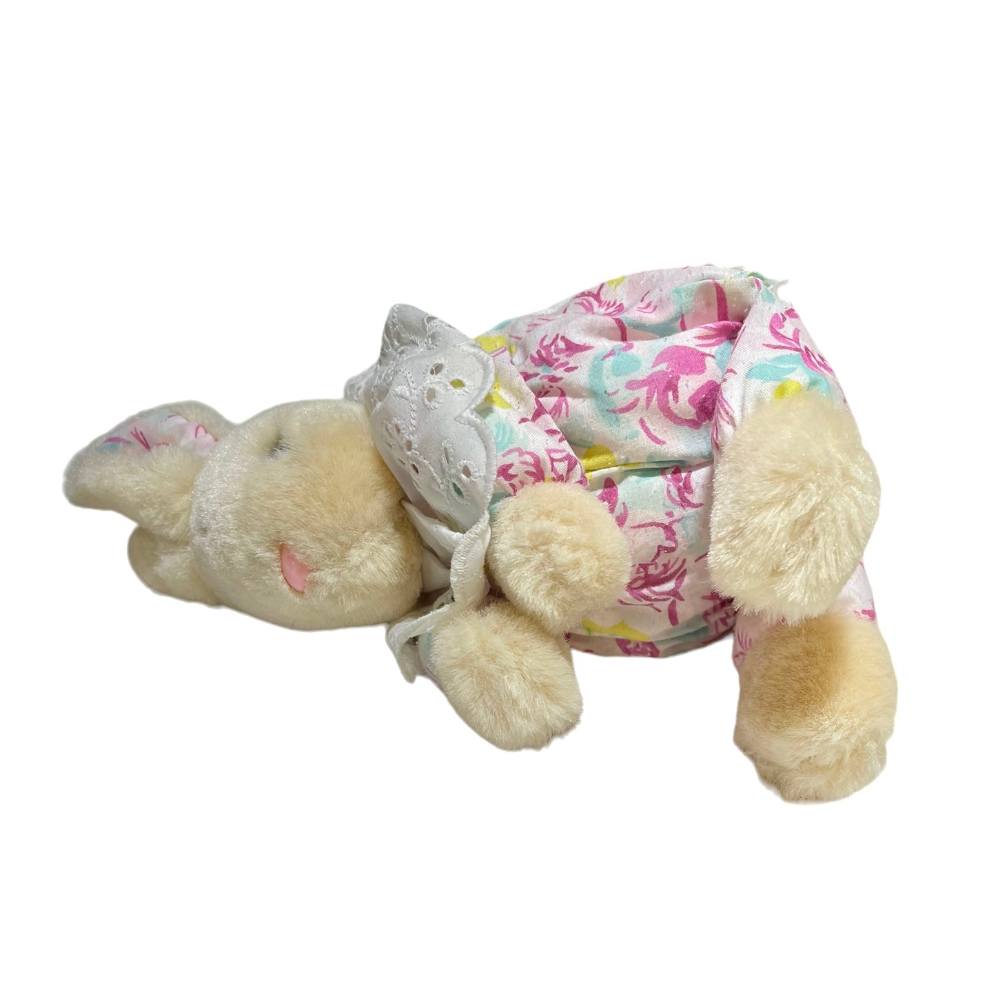 Vintage Bunny Rabbit Plush Floral Ears & Outfit with Eyelet Ruffle Collar GUC