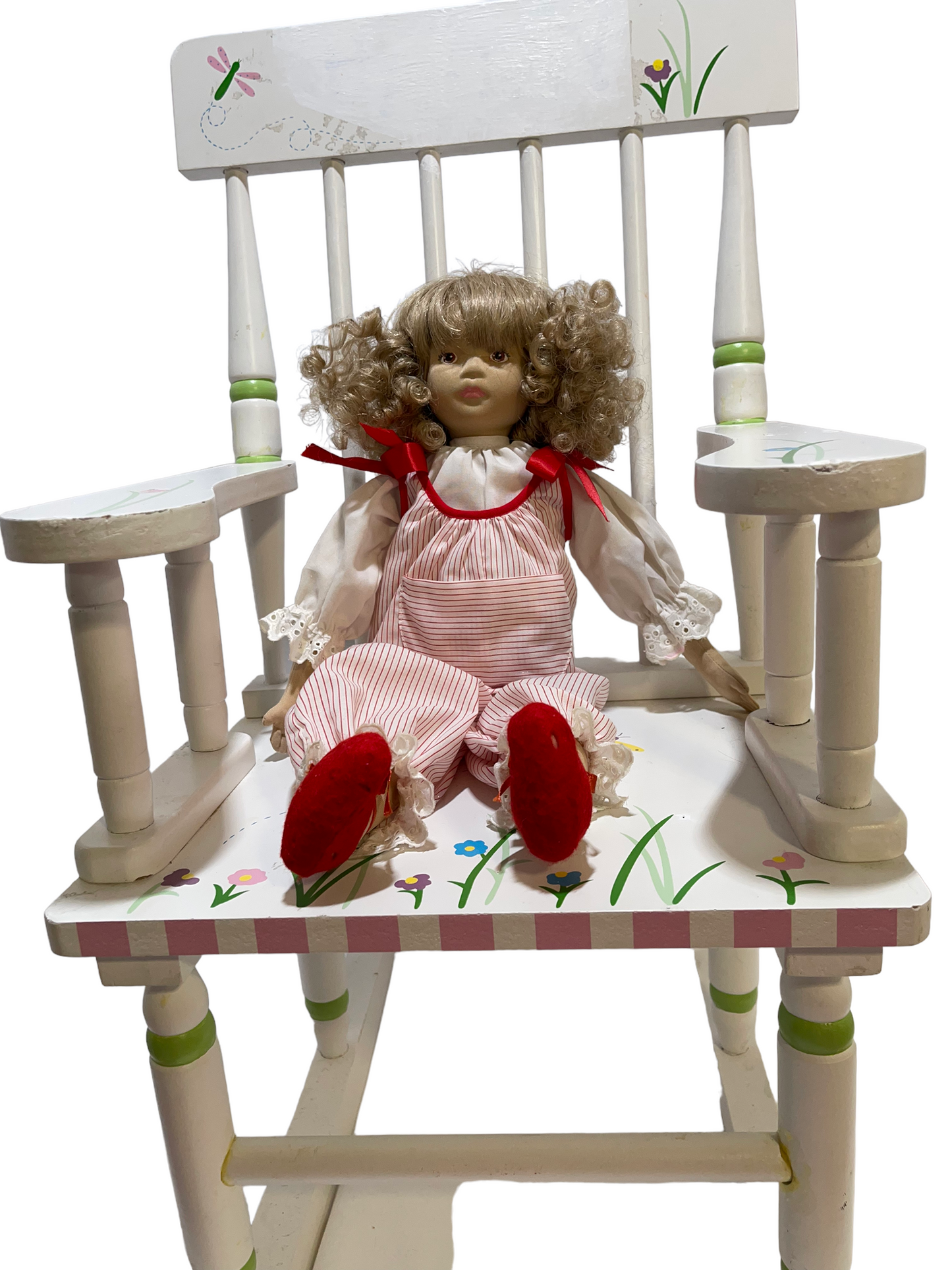 Doll by Pauline, Vintage with Ash Blond Curls & Hand Painted Vinyl Face, Striped Romper