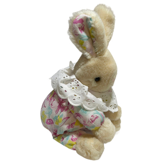 Vintage Bunny Rabbit Plush Floral Ears & Outfit with Eyelet Ruffle Collar GUC