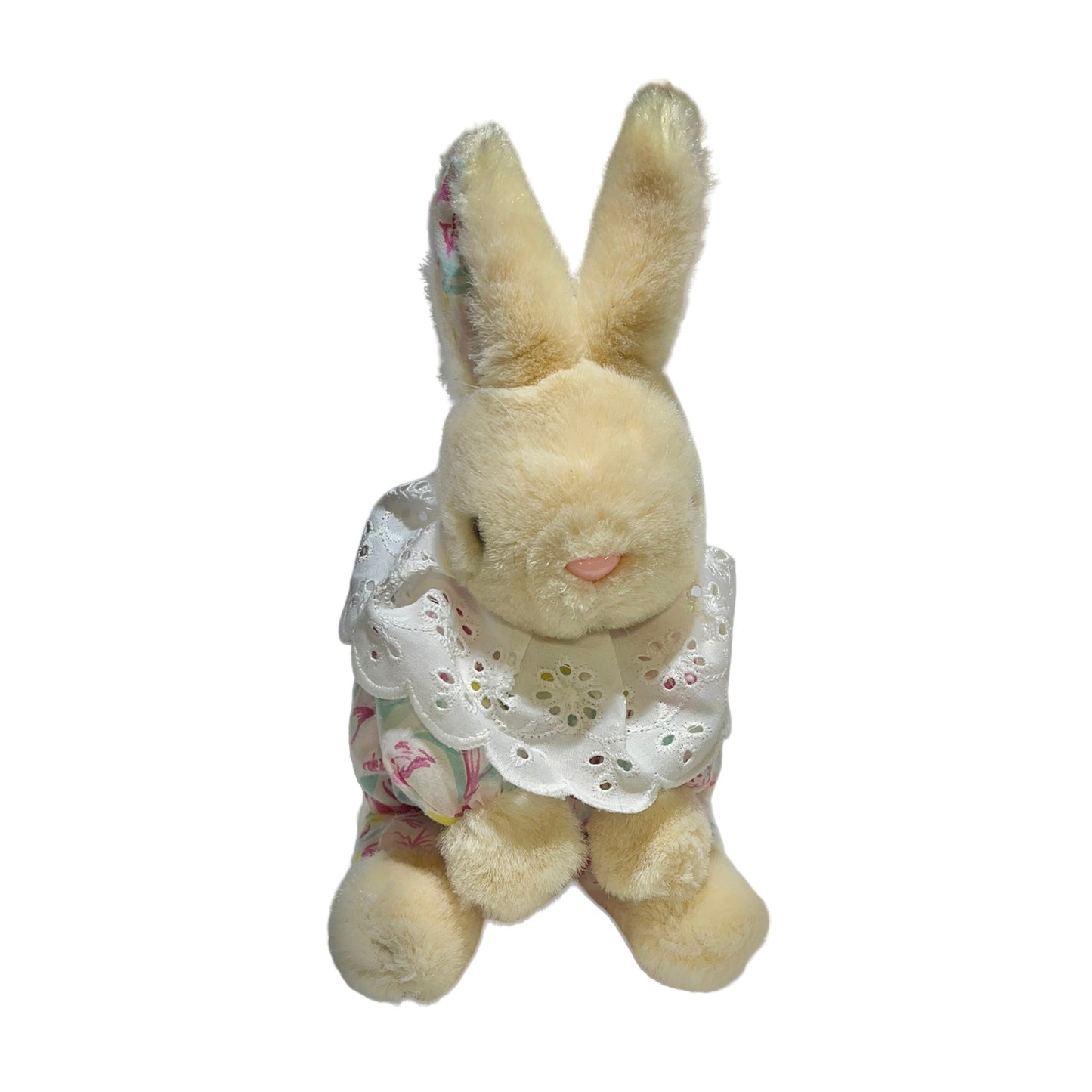 Vintage Bunny Rabbit Plush Floral Ears & Outfit with Eyelet Ruffle Collar GUC