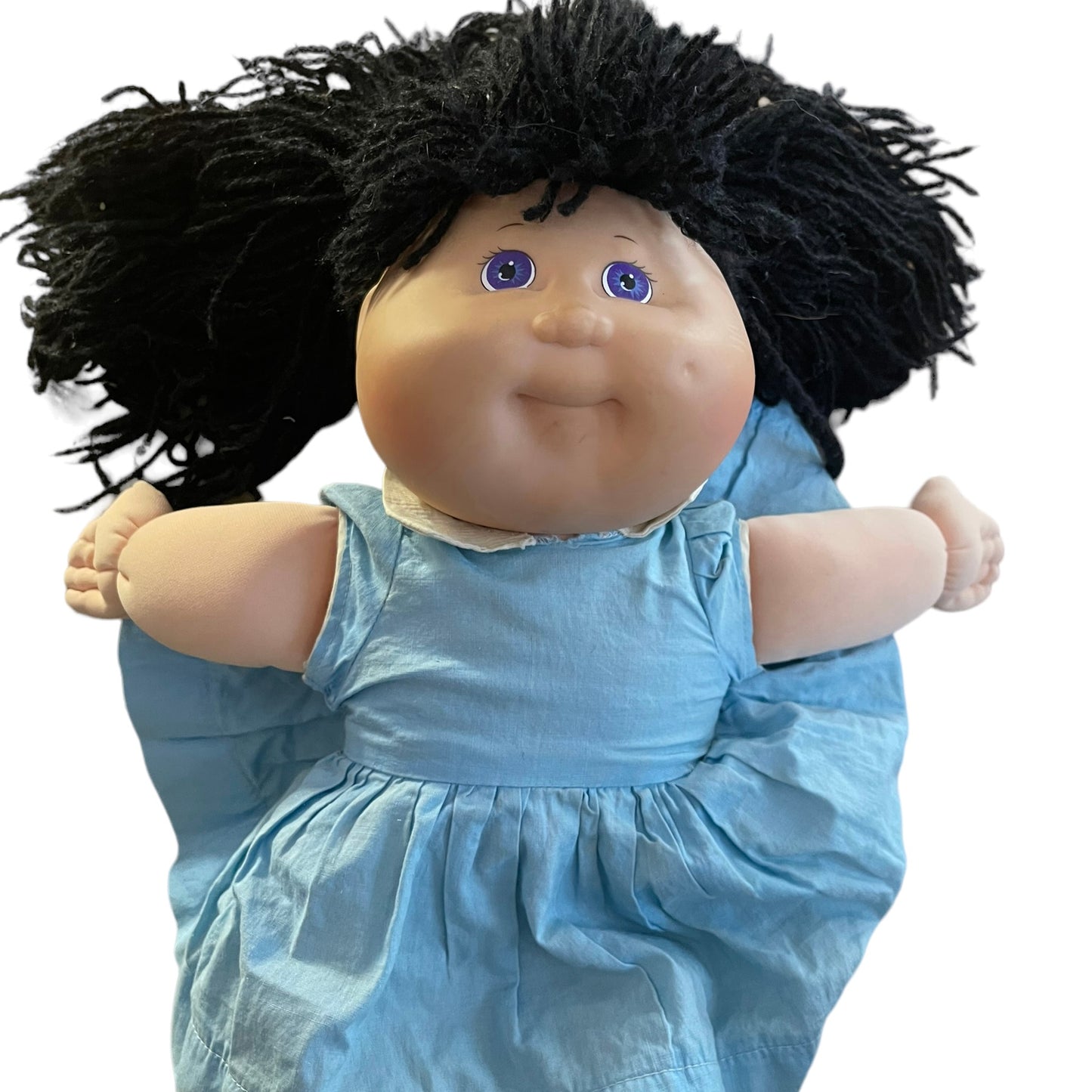 Double Signed Cabbage Patch Doll Vintage Dress Purple Eyes, Black Wool Hair