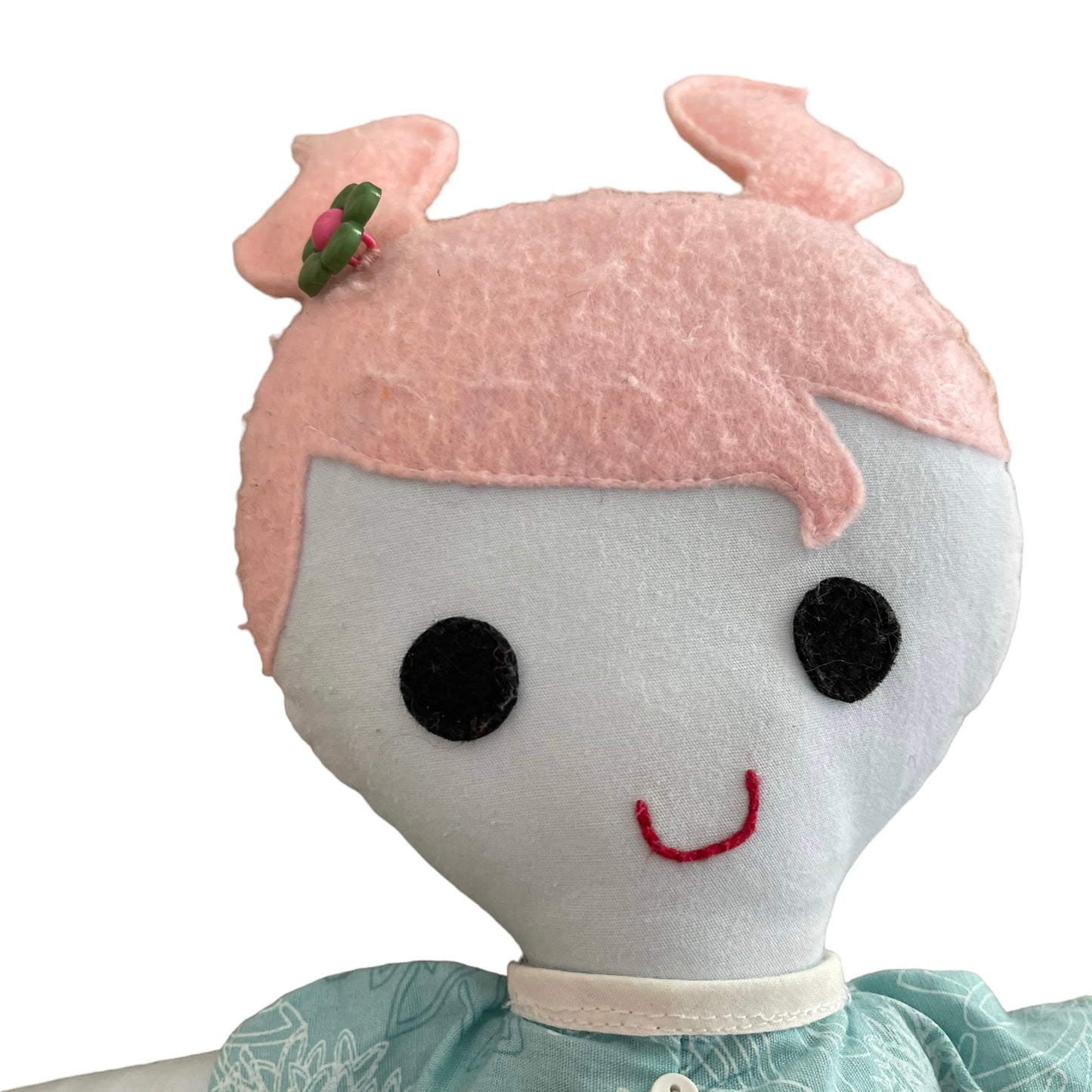 Dainty Cloth Doll Toy with Pink Felt Hair and Button Eyes 15" in GUC