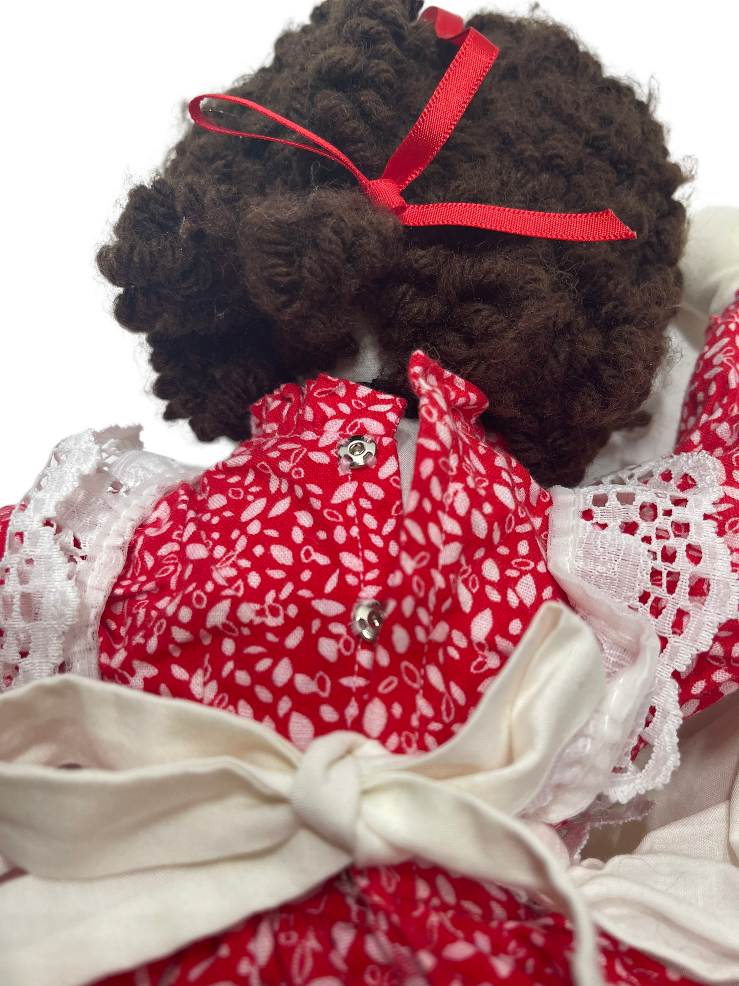 Handmade 18" Vintage Rag Doll Brunette, Blue Embroidered Eyes, Red Print Dress &White Pinafore