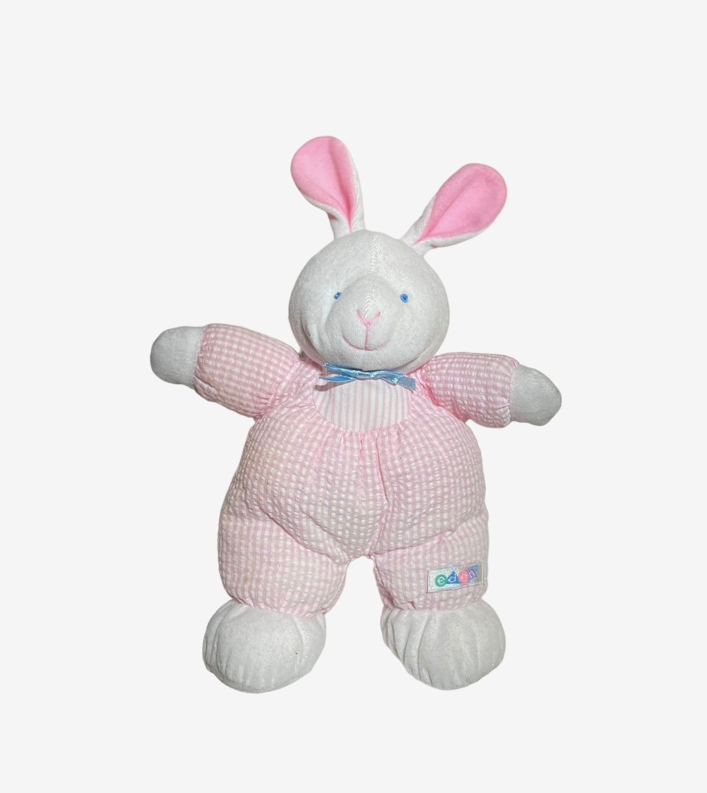 Baby Eden Bunny Vintage 11"  Pink Waffle Weave Romper, Rattle & Embroidered Face