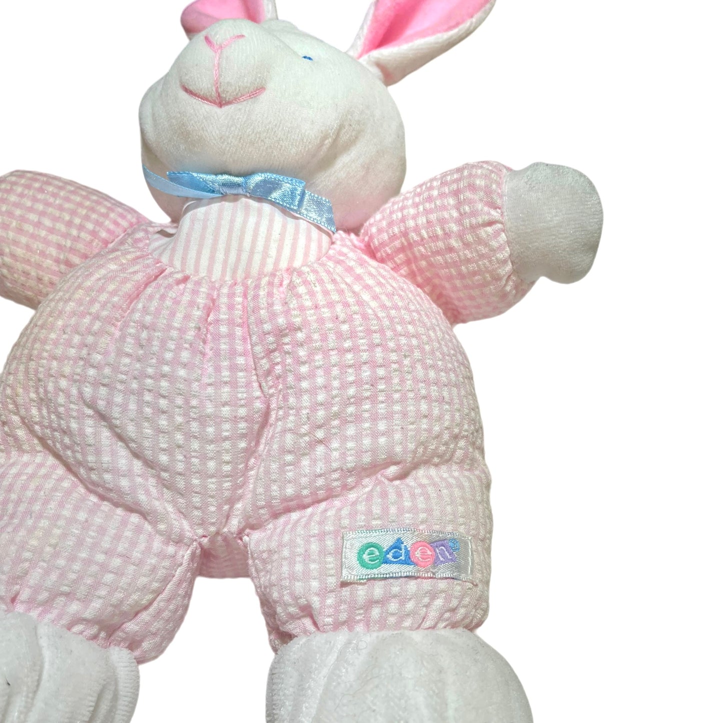 Baby Eden Bunny Vintage 11"  Pink Waffle Weave Romper, Rattle & Embroidered Face