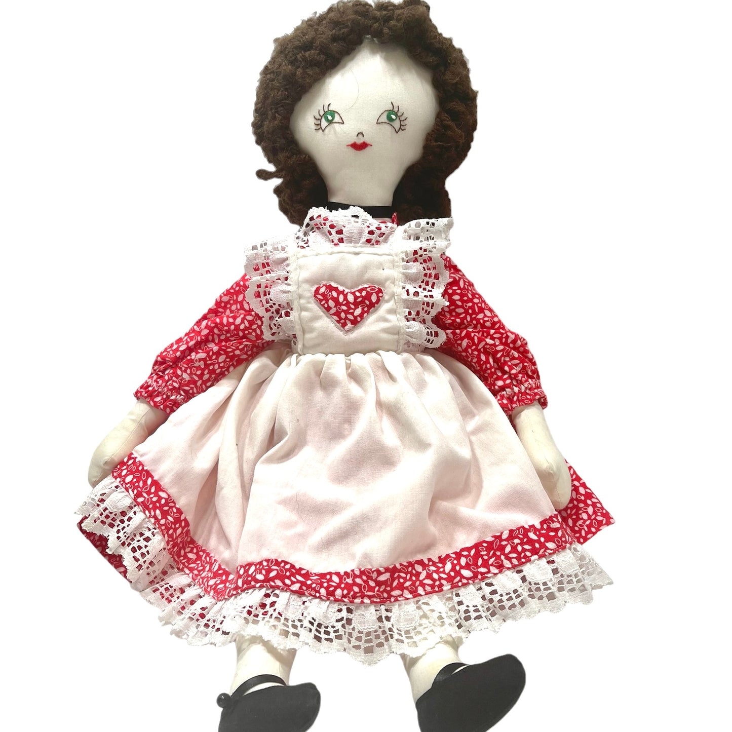 Handmade 18" Vintage Rag Doll Brunette, Blue Embroidered Eyes, Red Print Dress &White Pinafore