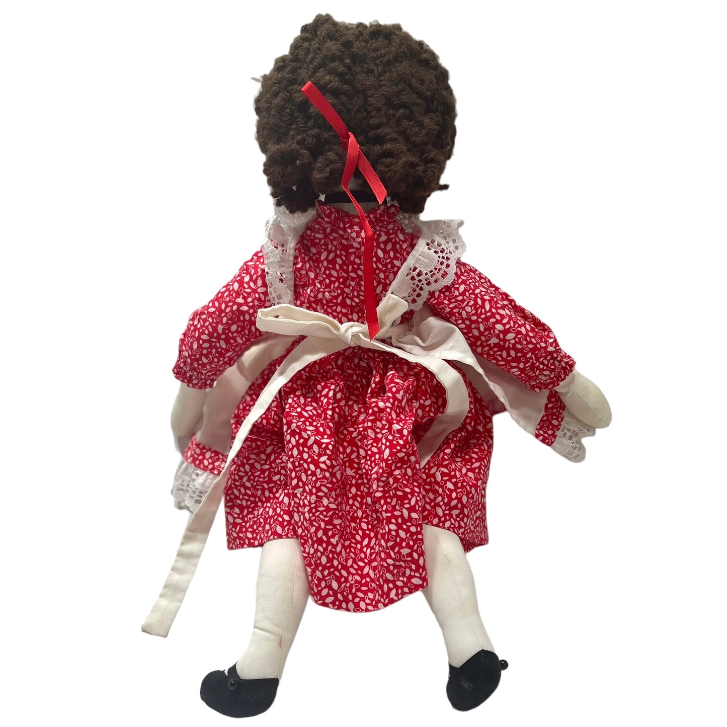Handmade 18" Vintage Rag Doll Brunette, Blue Embroidered Eyes, Red Print Dress &White Pinafore