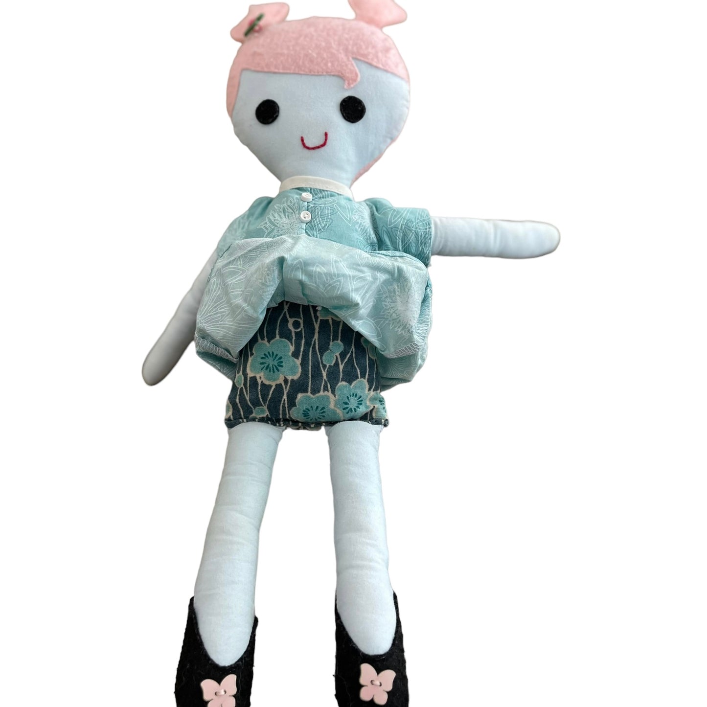 Dainty Cloth Doll Toy with Pink Felt Hair and Button Eyes 15" in GUC