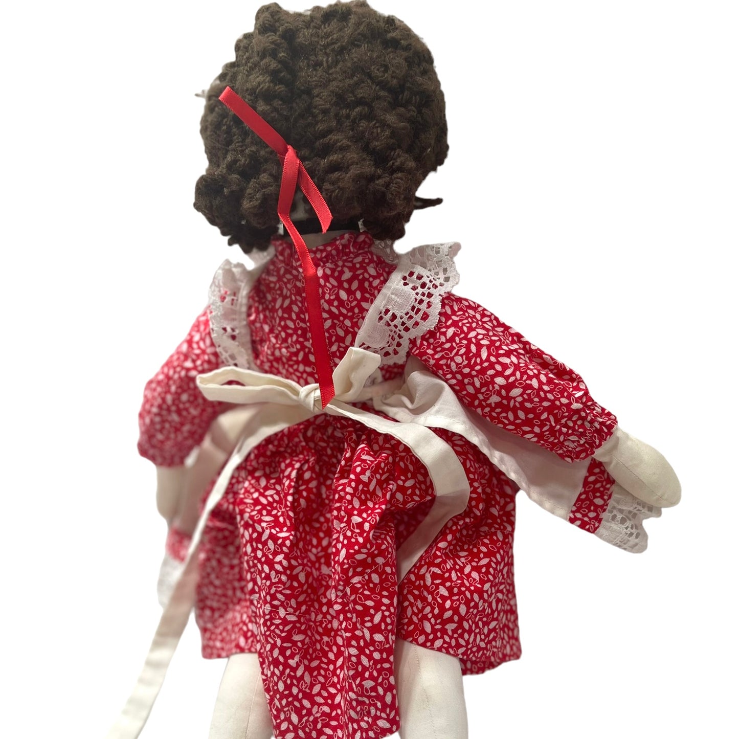 Handmade 18" Vintage Rag Doll Brunette, Blue Embroidered Eyes, Red Print Dress &White Pinafore