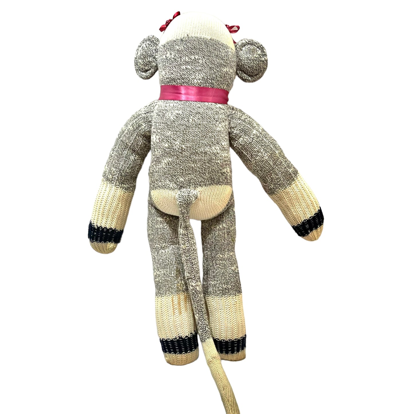 Adorable Grey/Cream/Magenta 16" Sock Monkey, Long Lashes, Pink Bows with Rosettes & Choker