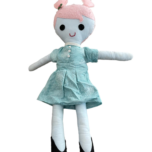 Dainty Cloth Doll Toy with Pink Felt Hair and Button Eyes 15" in GUC