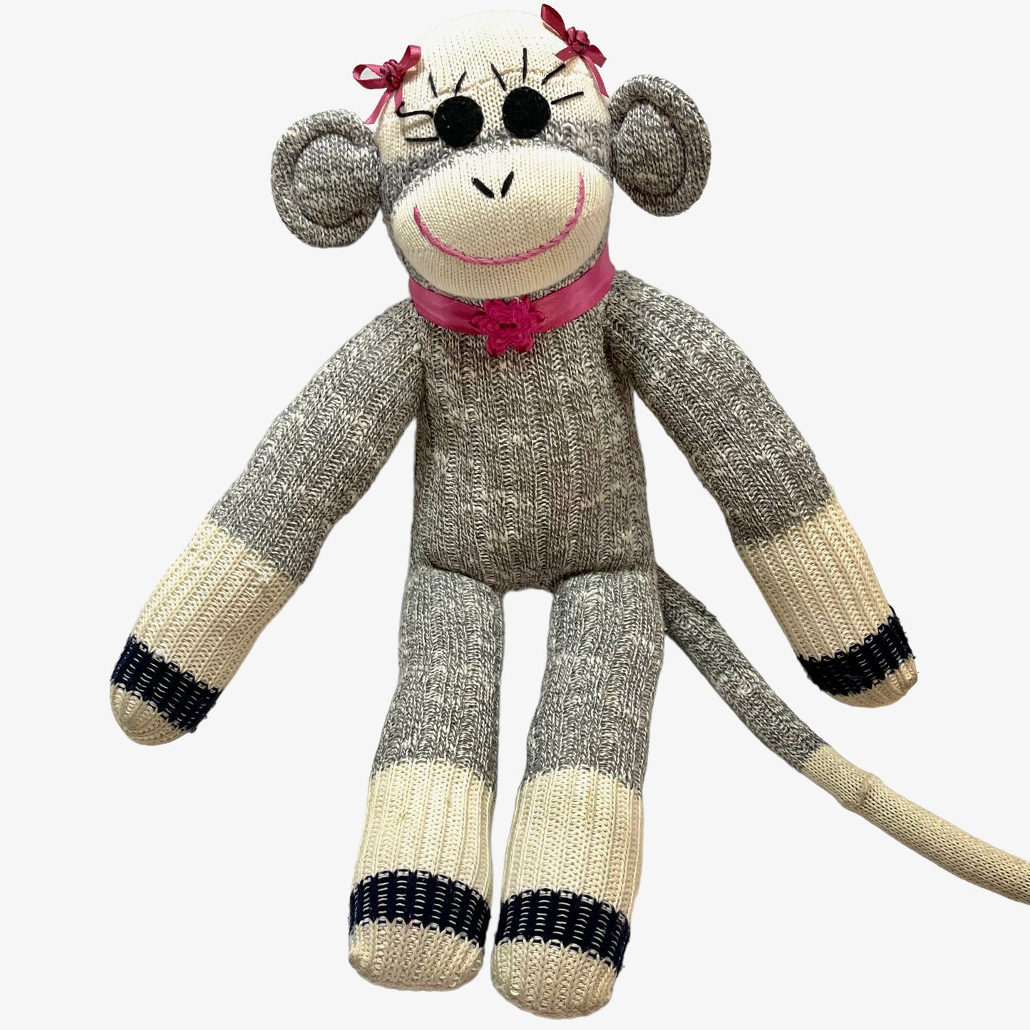 Adorable Grey/Cream/Magenta 16" Sock Monkey, Long Lashes, Pink Bows with Rosettes & Choker