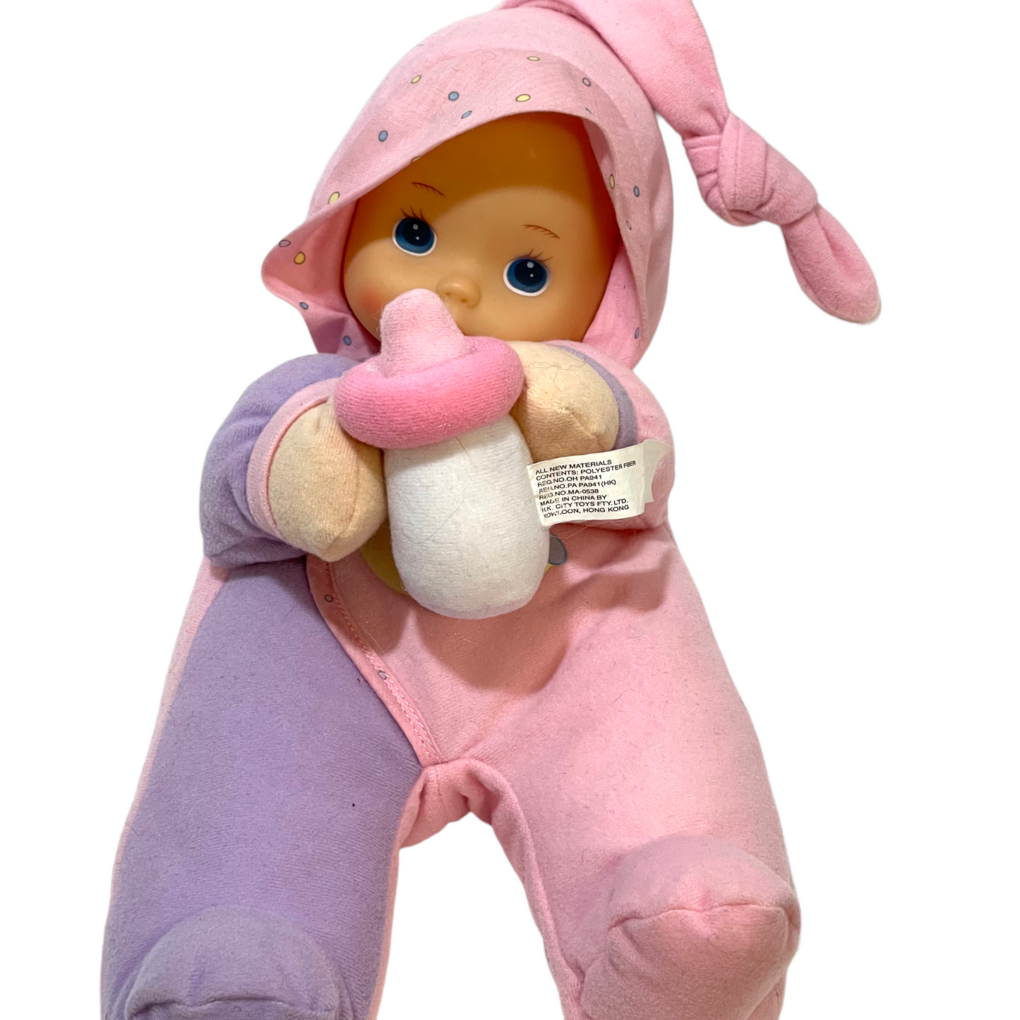 Pink & Purple Vintage Soft Baby  Doll by H.K. City Toys , Vinyl Face, Plush Body & Baby Bottle.