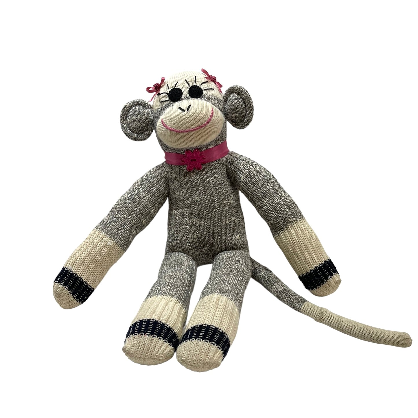 Adorable Grey/Cream/Magenta 16" Sock Monkey, Long Lashes, Pink Bows with Rosettes & Choker