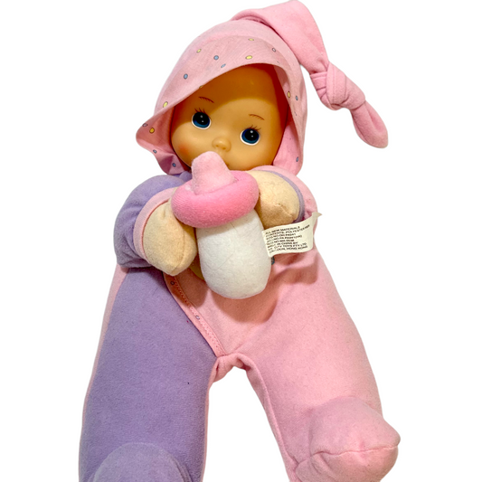 Pink & Purple Vintage Soft Baby  Doll by H.K. City Toys , Vinyl Face, Plush Body & Baby Bottle.