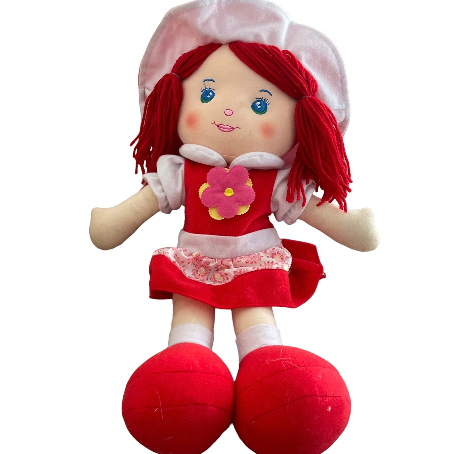 Fabric Plush Doll with Red Yarn Hair & Beautiful Embroidered Blue Eyes. Preowned  20"