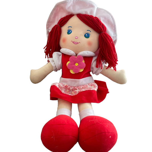 Fabric Plush Doll with Red Yarn Hair & Beautiful Embroidered Blue Eyes. Preowned  20"