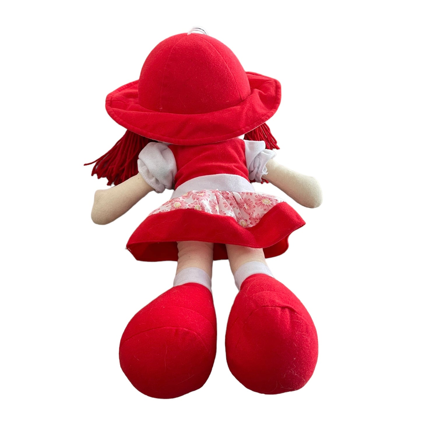 Fabric Plush Doll with Red Yarn Hair & Beautiful Embroidered Blue Eyes. Preowned  20"
