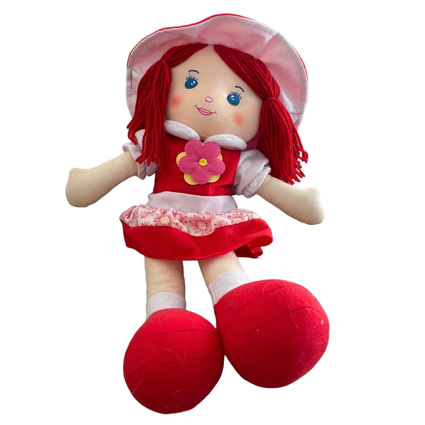 Fabric Plush Doll with Red Yarn Hair & Beautiful Embroidered Blue Eyes. Preowned  20"